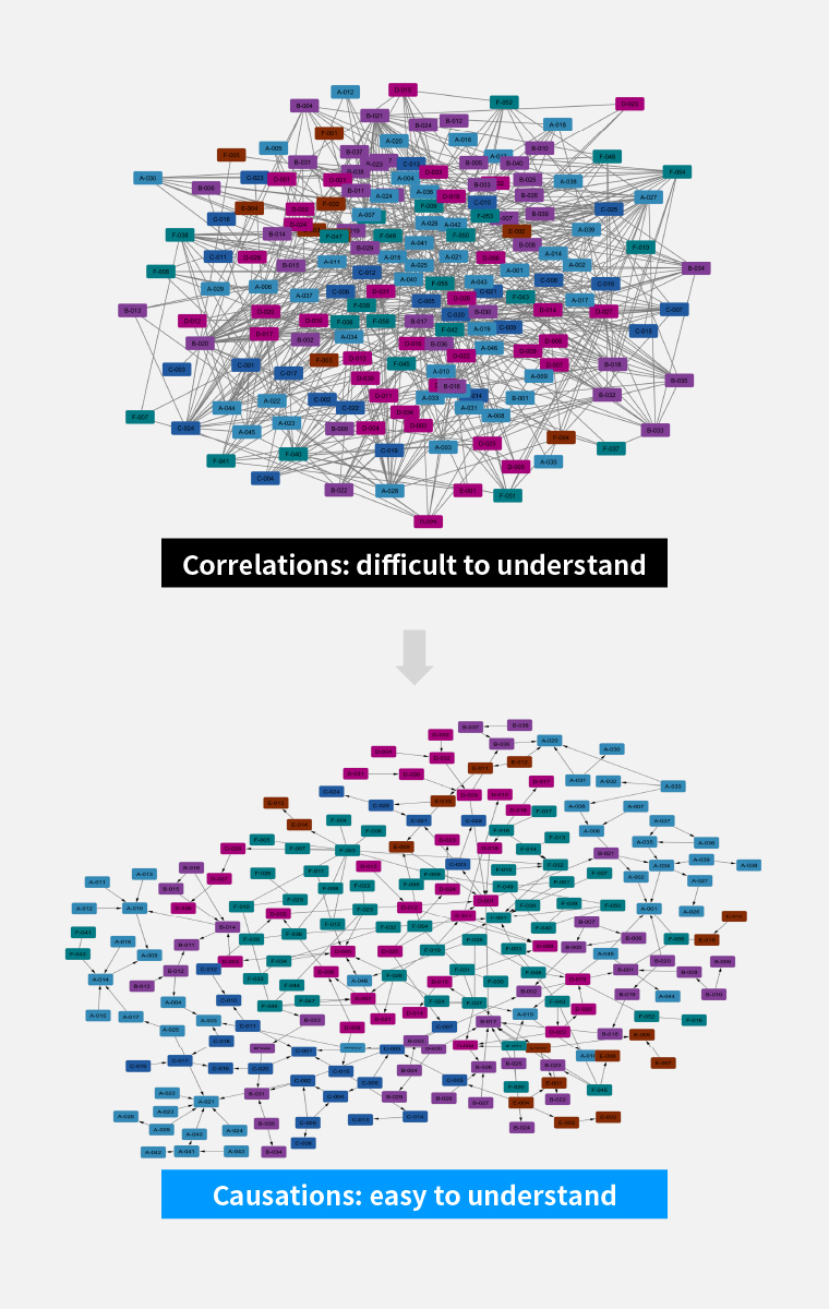 Diagram showing correlations that cannot be understood and causal relationships that can be understood